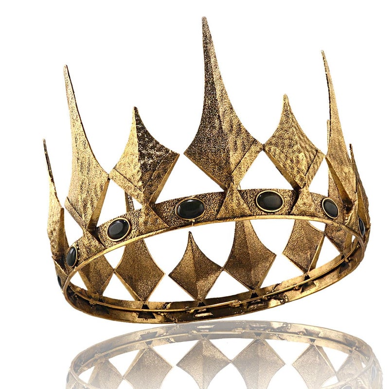 LEEMASING Queen King Opal Crown Round Royal Crown For Prom Pageant Birthday Party Valentines Costume (Large Size 7.28" Diameter,Dark Gold With Black Stone) - Image 2