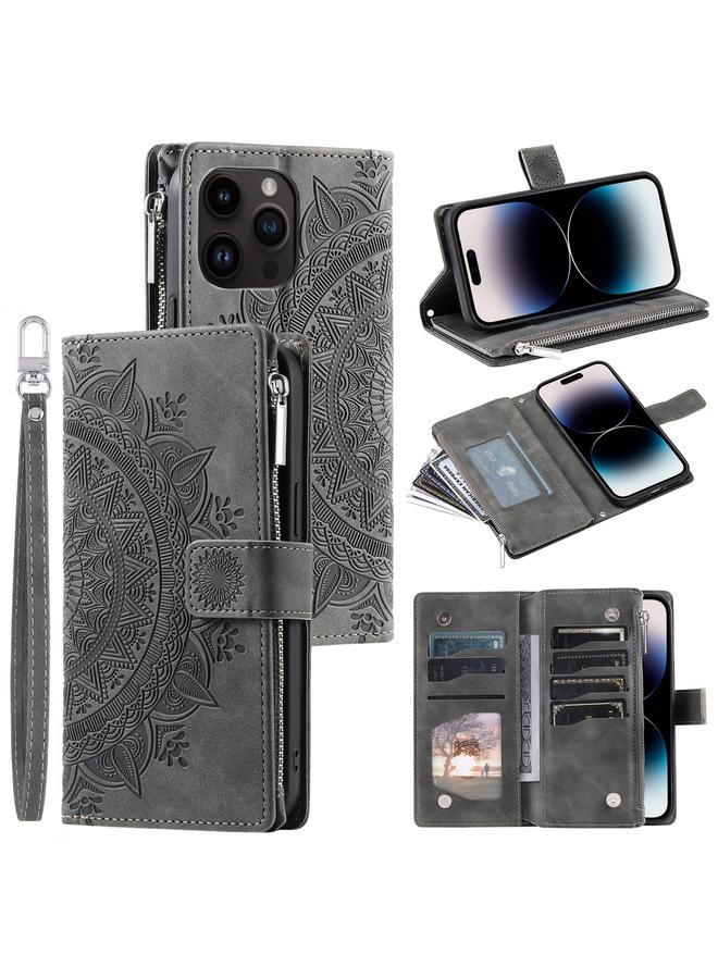 زبون جراب هاتف iPhone 13 Pro Max متعدد البطاقات بسحاب من الجلد - Image 1