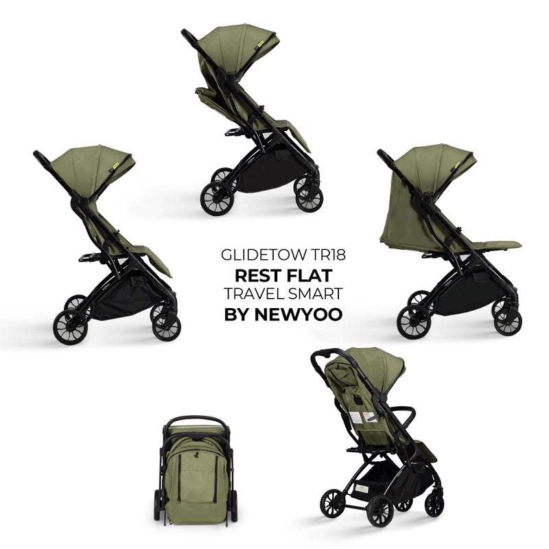 newyoo GlideTow TR18M Compact Travel Stroller for Infant, Lightweight Foldable Baby Stroller with Luggage Handle & Cup Holder, One-Hand Easy Fold, Near Lay Flat Recline Seat, Green - Image 2