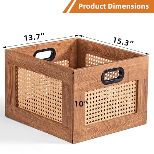 LELELINKY Vinyl Record Storage Crate, Rattan Vinyl Record Holder with Handle, Wood Record Crate for Vinyls Holder up to 75 LP's, Desktop Cube Album Storage for Vinyls Records(Tea Brown) - Image 2