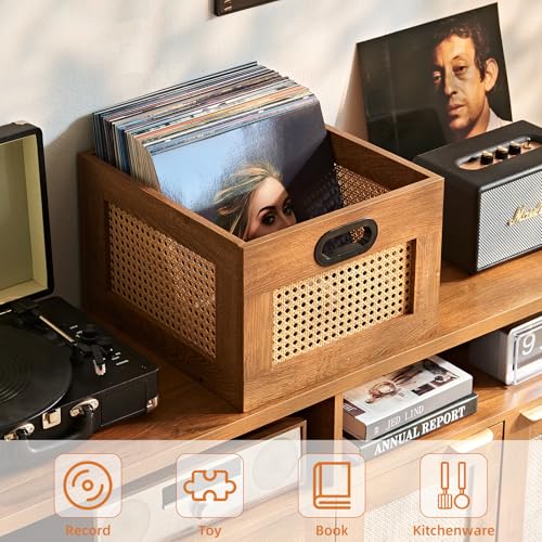 LELELINKY Vinyl Record Storage Crate, Rattan Vinyl Record Holder with Handle, Wood Record Crate for Vinyls Holder up to 75 LP's, Desktop Cube Album Storage for Vinyls Records(Tea Brown) - Image 4