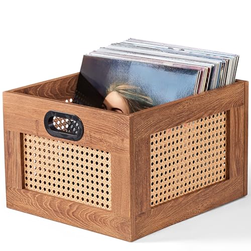 LELELINKY Vinyl Record Storage Crate, Rattan Vinyl Record Holder with Handle, Wood Record Crate for Vinyls Holder up to 75 LP's, Desktop Cube Album Storage for Vinyls Records(Tea Brown) - Image 1