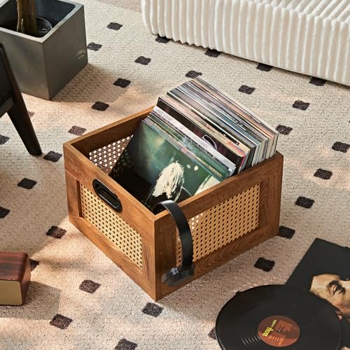 LELELINKY Vinyl Record Storage Crate, Rattan Vinyl Record Holder with Handle, Wood Record Crate for Vinyls Holder up to 75 LP's, Desktop Cube Album Storage for Vinyls Records(Tea Brown) - Image 5