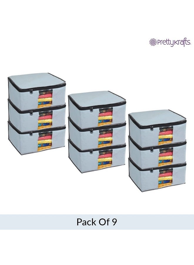 بريتي كرافتس مجموعة من 9 قطع من غطاء الساري القابل للطي غير المنسوج/حقيبة تخزين القماش/منظم خزانة الملابس بسحاب ونافذة شفافة لليهنغا والقمصان وبدلات السلوار والفساتين والإكسسوارات من Prettykrafts (رمادي، 40 × 35 × 19.5 سم) - Image 5