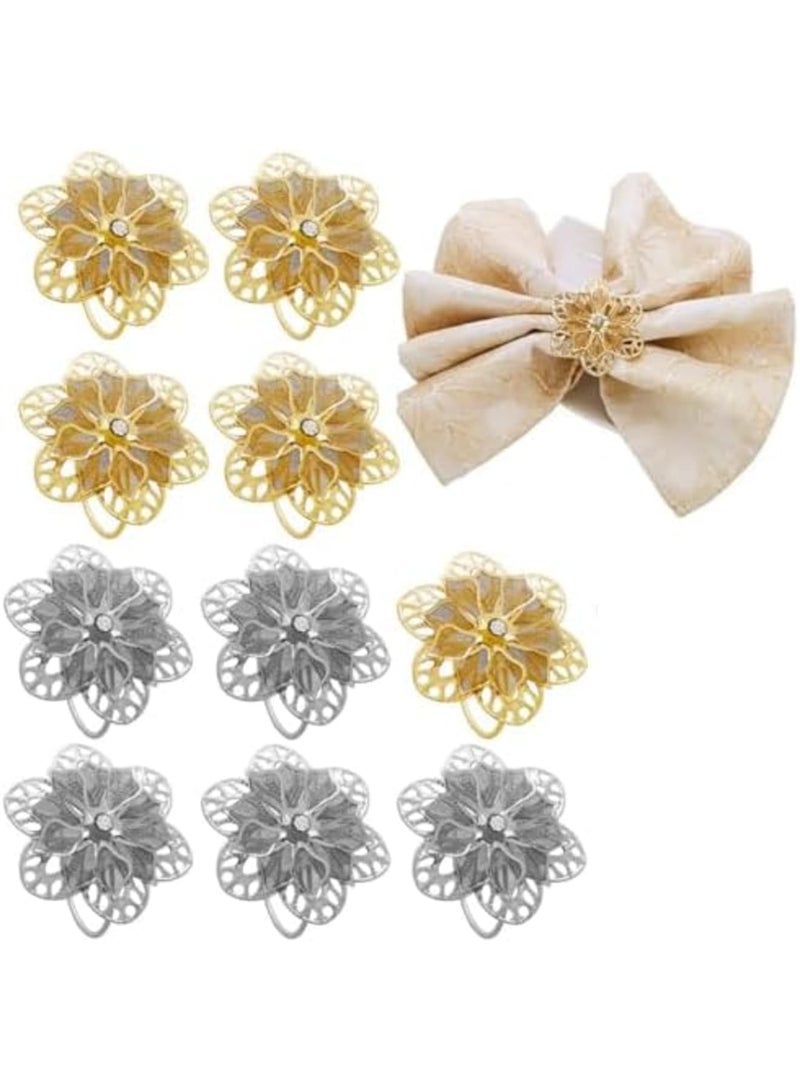 SYOSI Flower Napkin Rings 10 Pieces, Napkin Ring Holders Banquet Home Party Decorfor Elegant and Exquisite Table Decor for Wedding Party Dinner - Reusable Napkin Buckle Holder Rings(Golden and Silver) - Image 1