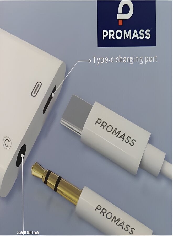 PROMASS Original Connection Type-C Charger and 3.5mm Headphone Jack 2 in 1 for Devices That Use a Type-C Charger White Colour. - Image 2