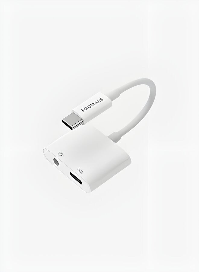 PROMASS Original Connection Type-C Charger and 3.5mm Headphone Jack 2 in 1 for Devices That Use a Type-C Charger White Colour. - Image 1