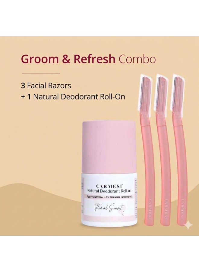 Carmesi Facial Razor - Pack of 3 & Underarm Roll On Deodorant for Women - Floral Sunset (50 ml) | Instant & Painless Hair Removal | For Fresh Underarms All Day - Image 2