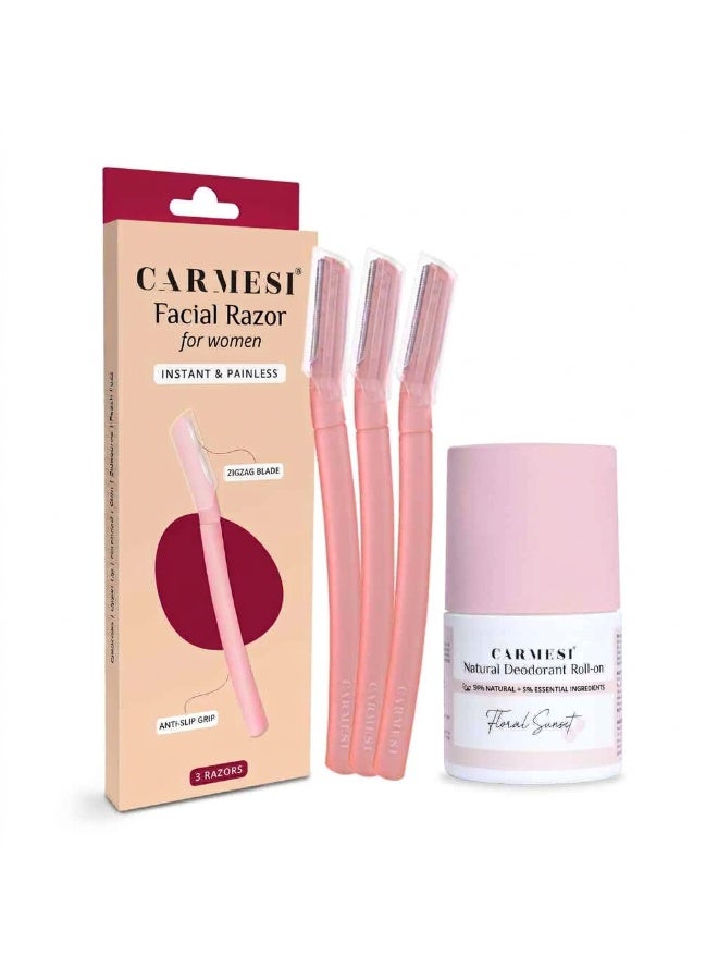 Carmesi Facial Razor - Pack of 3 & Underarm Roll On Deodorant for Women - Floral Sunset (50 ml) | Instant & Painless Hair Removal | For Fresh Underarms All Day - Image 1