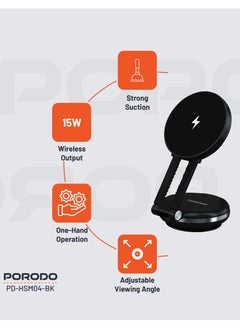 porodo Vacuseal Magsafe Charging mount with Adjustable Viewing Angle / Strong Suction Secure Phone Mount for Car or Home / One-Hand Operation / 15W Wireless Charger - Black  - Image 2
