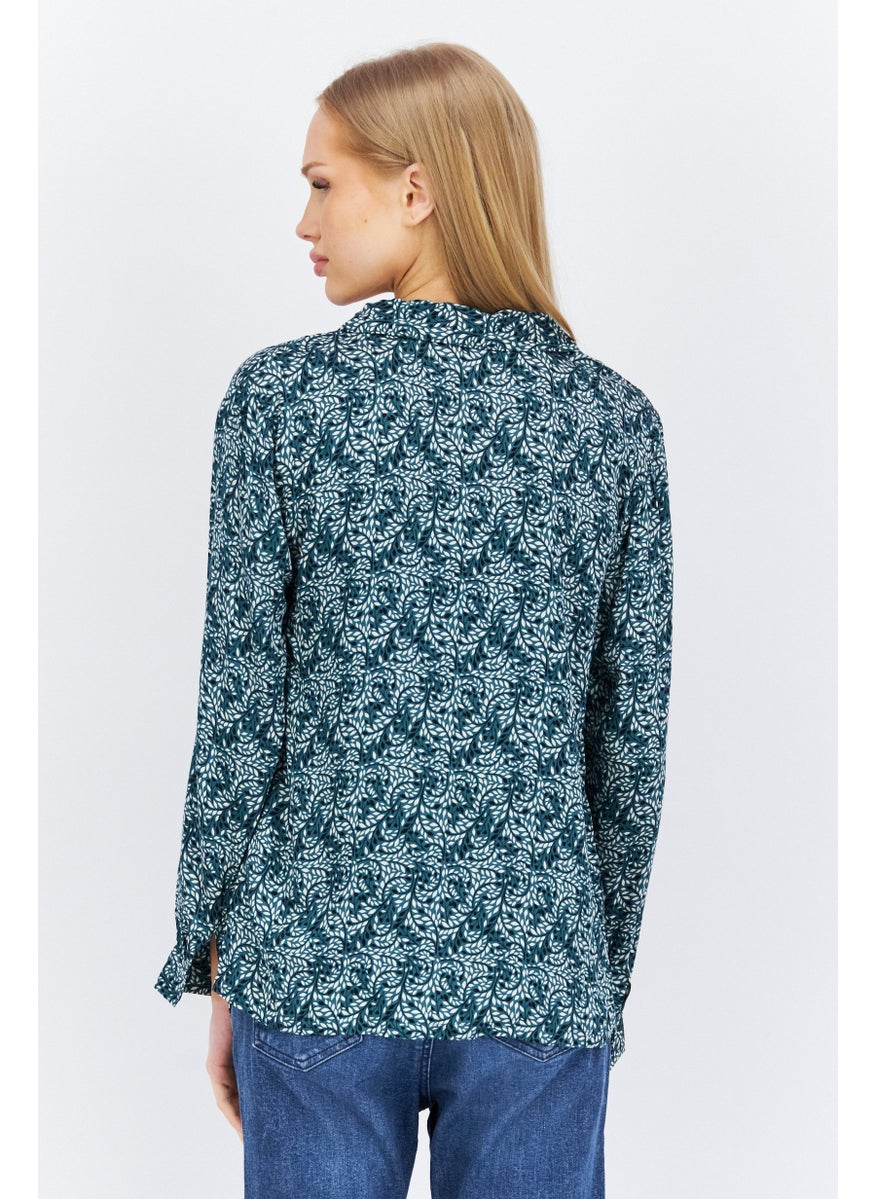 Etam Women Notched Collar Floral Print Shirt, Green  - Image 2