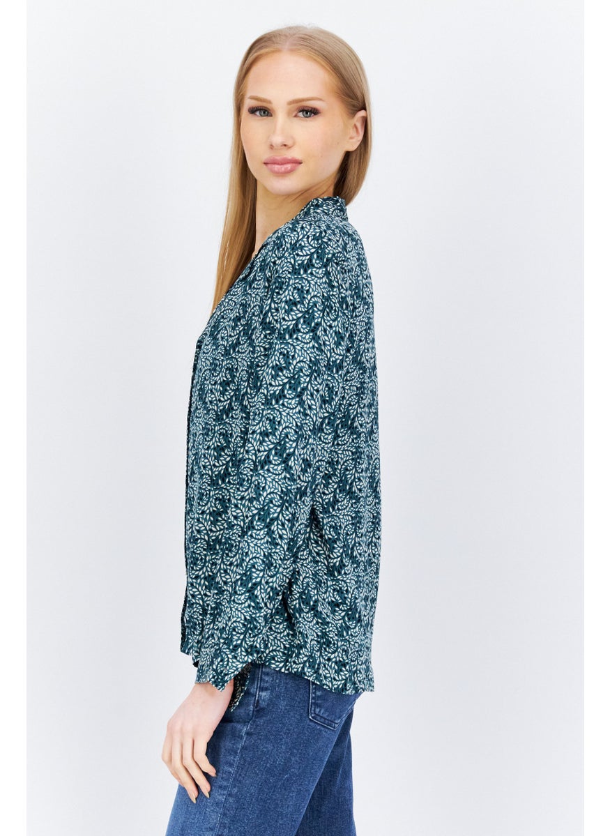 Etam Women Notched Collar Floral Print Shirt, Green  - Image 4