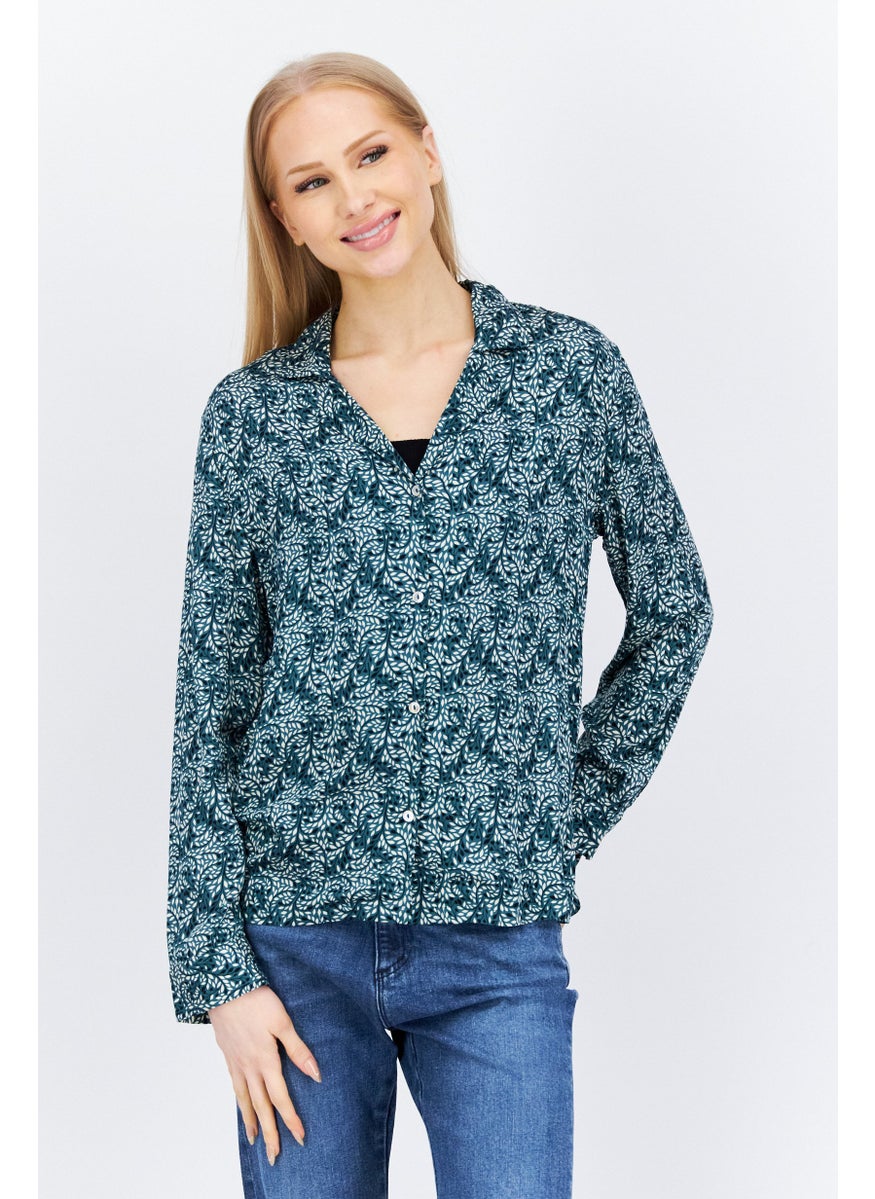 Etam Women Notched Collar Floral Print Shirt, Green  - Image 1