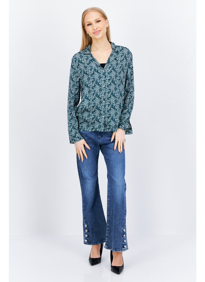 Etam Women Notched Collar Floral Print Shirt, Green  - Image 3