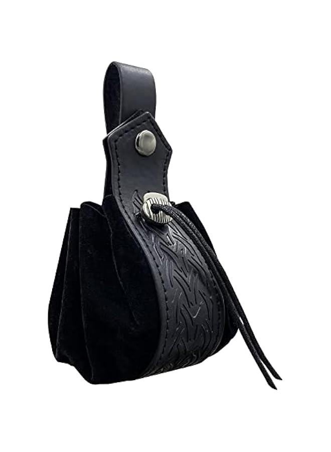 Medieval Faux Leather Drawstring Pouch, Retro Nordic Portable Coin Purse, Vintage Belt Pouch Dice Bag For LARP Ren Faire (Black B)  - Image 1