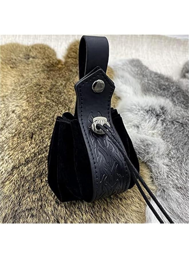 Medieval Faux Leather Drawstring Pouch, Retro Nordic Portable Coin Purse, Vintage Belt Pouch Dice Bag For LARP Ren Faire (Black B)  - Image 3