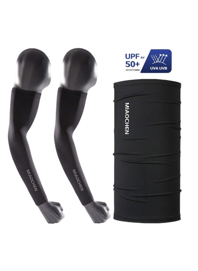 Generic Ultra-thin anti-ultraviolet arm sleeve sunscreen mask PDF50+ men's L size ice silk sleeve outdoor sports sunscreen 2-piece set black - Image 1