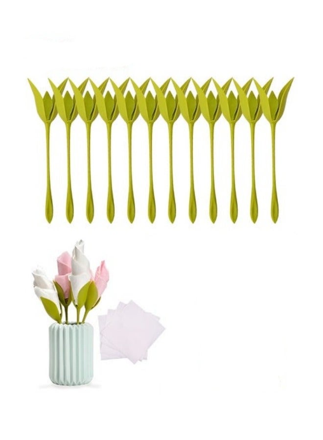 ميكسد حامل منديل ، 12 قطعة من الزهور المزهرة تصميم طاولة الطعام الخضراء ، والزهور البلاستيكية الخضراء برعم المطبخ حامل الخدمة - Image 2