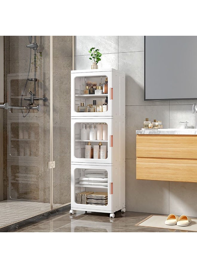 Narrow Storage Cabinet Box Bathroom Corner Locker Kitchen Organizer Foldable with Adjustable Shelf and Clear Door for Baby Clothes Toys Snack Shoes Hats and Bags (3 Layer, White) - Image 4