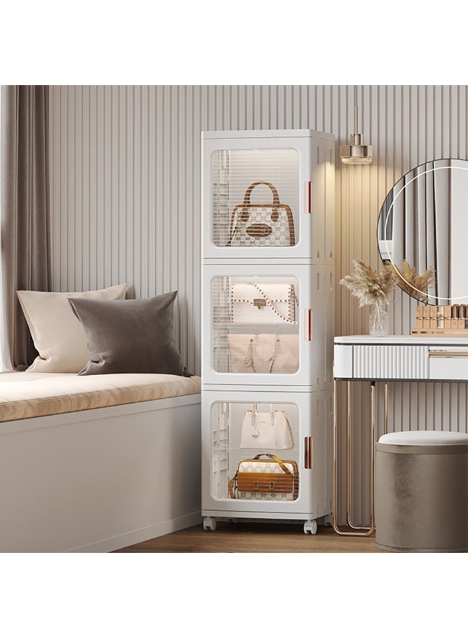 Narrow Storage Cabinet Box Bathroom Corner Locker Kitchen Organizer Foldable with Adjustable Shelf and Clear Door for Baby Clothes Toys Snack Shoes Hats and Bags (3 Layer, White) - Image 1