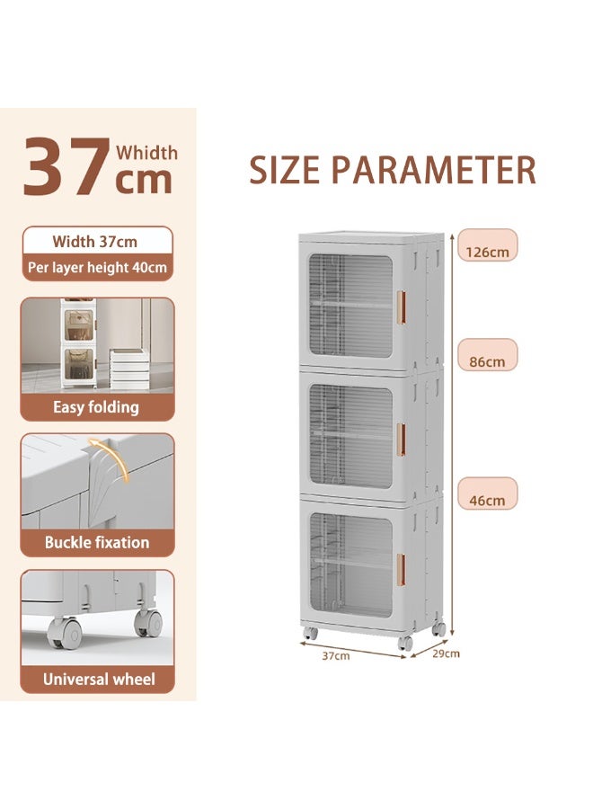 Narrow Storage Cabinet Box Bathroom Corner Locker Kitchen Organizer Foldable with Adjustable Shelf and Clear Door for Baby Clothes Toys Snack Shoes Hats and Bags (3 Layer, White) - Image 2