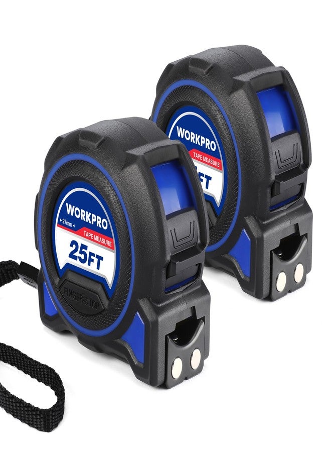 WORKPRO Heavy Duty Tape Measure, 2 Pcs 25FT Retractable Tape Measurement, Double Retract Long Stand Measuring Tape Accuracy 1/32 for Engineer, with Magnetic Hook, Belt Clip, Rubber Protective Casing - Image 1