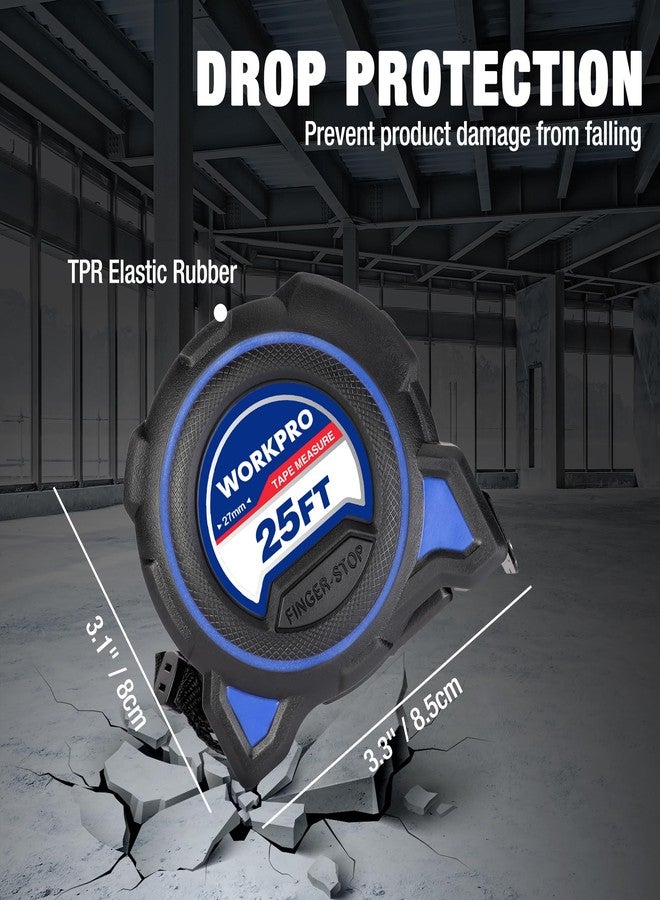 WORKPRO Heavy Duty Tape Measure, 2 Pcs 25FT Retractable Tape Measurement, Double Retract Long Stand Measuring Tape Accuracy 1/32 for Engineer, with Magnetic Hook, Belt Clip, Rubber Protective Casing - Image 3