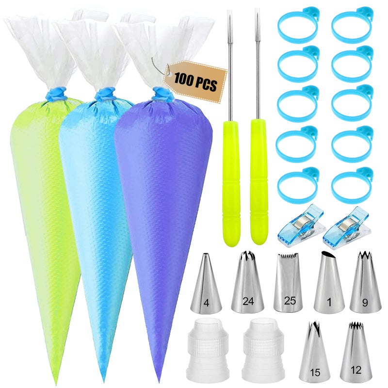 Piping Bags and Tips Set 100 12Inch Disposable Pastry Piping Bags for Royal Icing with 7 Frosting Tips 10 Icing Bags Ties 2 Scriber Needle Tipless Piping Bags Kit for Cookies Cake Decorating