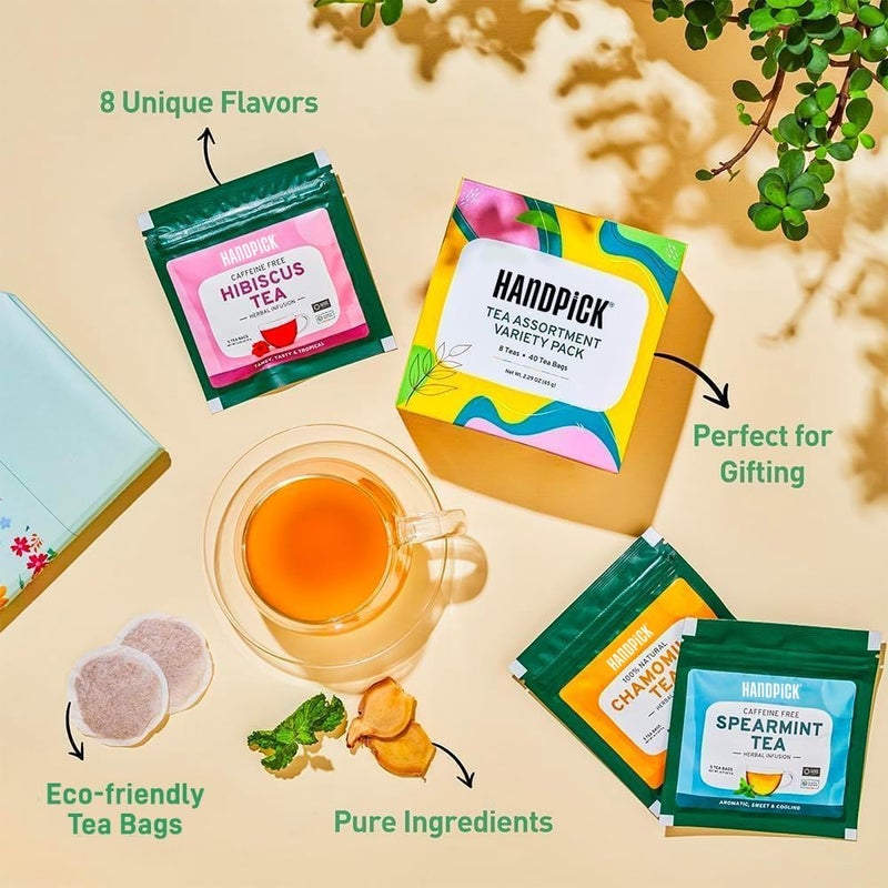HANDPICK, Tea Bags Sampler Assortment Variety pack Gift Box 8 Flavors, 40 Tea Bags - Perfect Variety | English Breakfast, Green, Black, Herbal & More | Gifts for Him/Her - Image 3