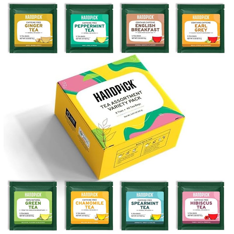 HANDPICK, Tea Bags Sampler Assortment Variety pack Gift Box 8 Flavors, 40 Tea Bags - Perfect Variety | English Breakfast, Green, Black, Herbal & More | Gifts for Him/Her - Image 1
