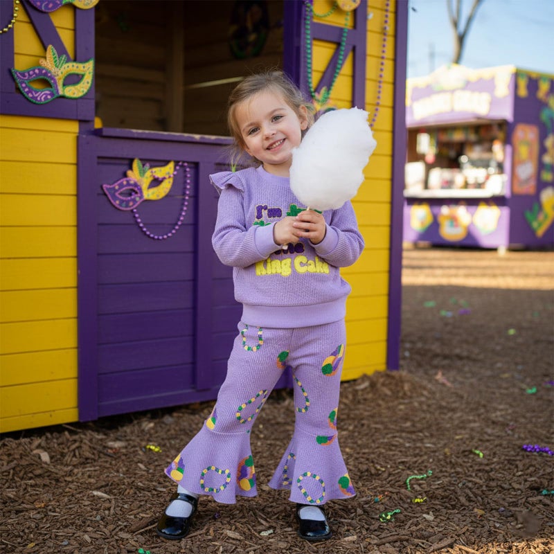 Socutebabe Toddler Girl Mardi Gras Outfit I'm Just Here For The King Cake Sweatshirt Long Sleeve Pullover Pants Cute Clothes (D-Purple, 12-18 Months) - Image 3