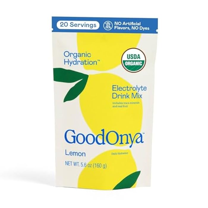 GoodOnYa مزيج مشروب الإلكتروليت GOODONYA العضوي للترطيب، مسحوق ترطيب معتمد عضوي، خالي من الكائنات المعدلة وراثيًا، خالي من الغليفوسات، منخفض السكر، بنكهة الليمون، بدون نكهات صناعية، 20 حصة - Image 1