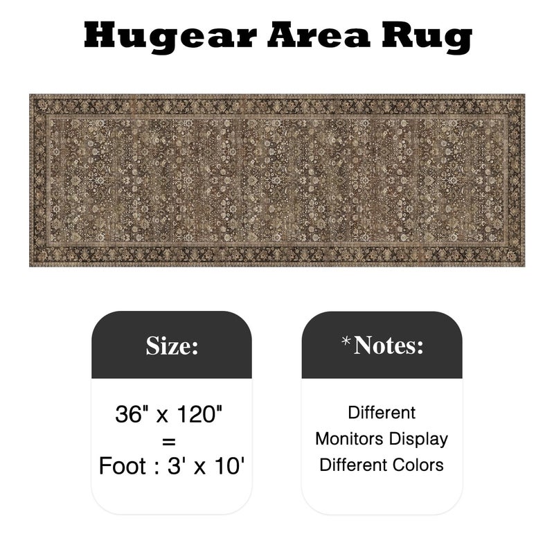 HUGEAR 3x10 Runner Rug Machine Washable Brown Hallway Area Rug Indoor Accent Rug Floral Low Pile Carpet Soft Throw Rug Bedroom Living Room Office Dining Room Kitchen Laundry Room Non Slip - Image 2