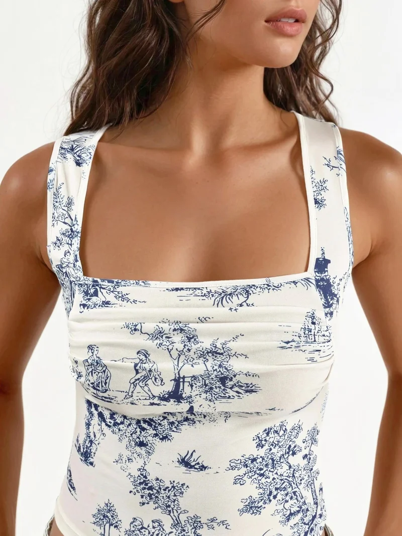Hiccup Blue Patterned Square Neck Sandy Crop Top for Women | Best Price UAE