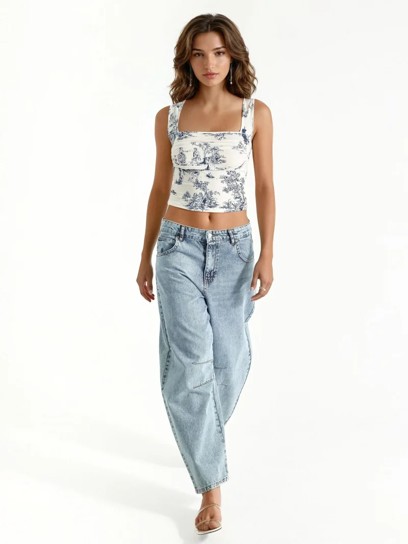 Hiccup Blue Patterned Square Neck Sandy Crop Top for Women | Best Price UAE