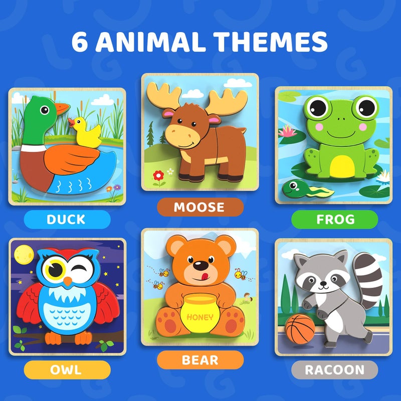 BenBen Wooden Puzzles for Toddlers 1-3, 6 Pack Animal Puzzles for Toddlers 2-4, Montessori Toys for 1 2 3 Year Old Boys Girls, Learning Educational Preschool Toys - Image 2