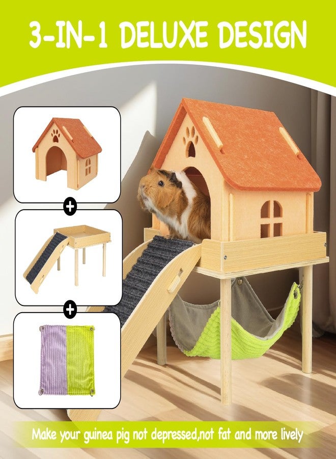 BESNEW 3 in 1 Enlarged Guinea Pig Hammock,Wooden Guinea Pig Hideout with House & Platform & Stairs Small Animal Toys for Hiding Sleeping Activities - Image 2