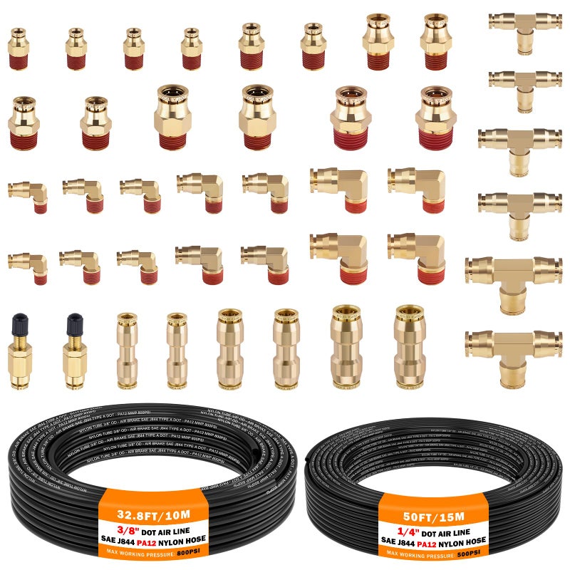 CheeMuii 43 Pcs Brass DOT Air Line Fittings with 50FT 14 328FT 38 DOT Air Hose Kit 14 38 12 Push to Connect NPT Thread Quick Connect Fittings - Image 2