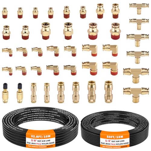 CheeMuii 43 Pcs Brass DOT Air Line Fittings with 50FT 14 328FT 38 DOT Air Hose Kit 14 38 12 Push to Connect NPT Thread Quick Connect Fittings - Image 1