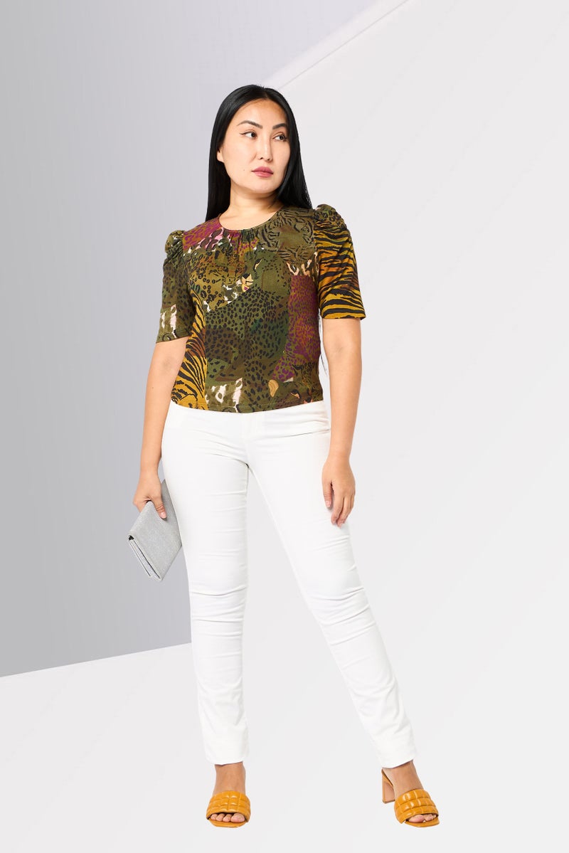 DESIGUAL Women Round Neck Short Sleeve Allover Print Top, Multicolor - Image 2