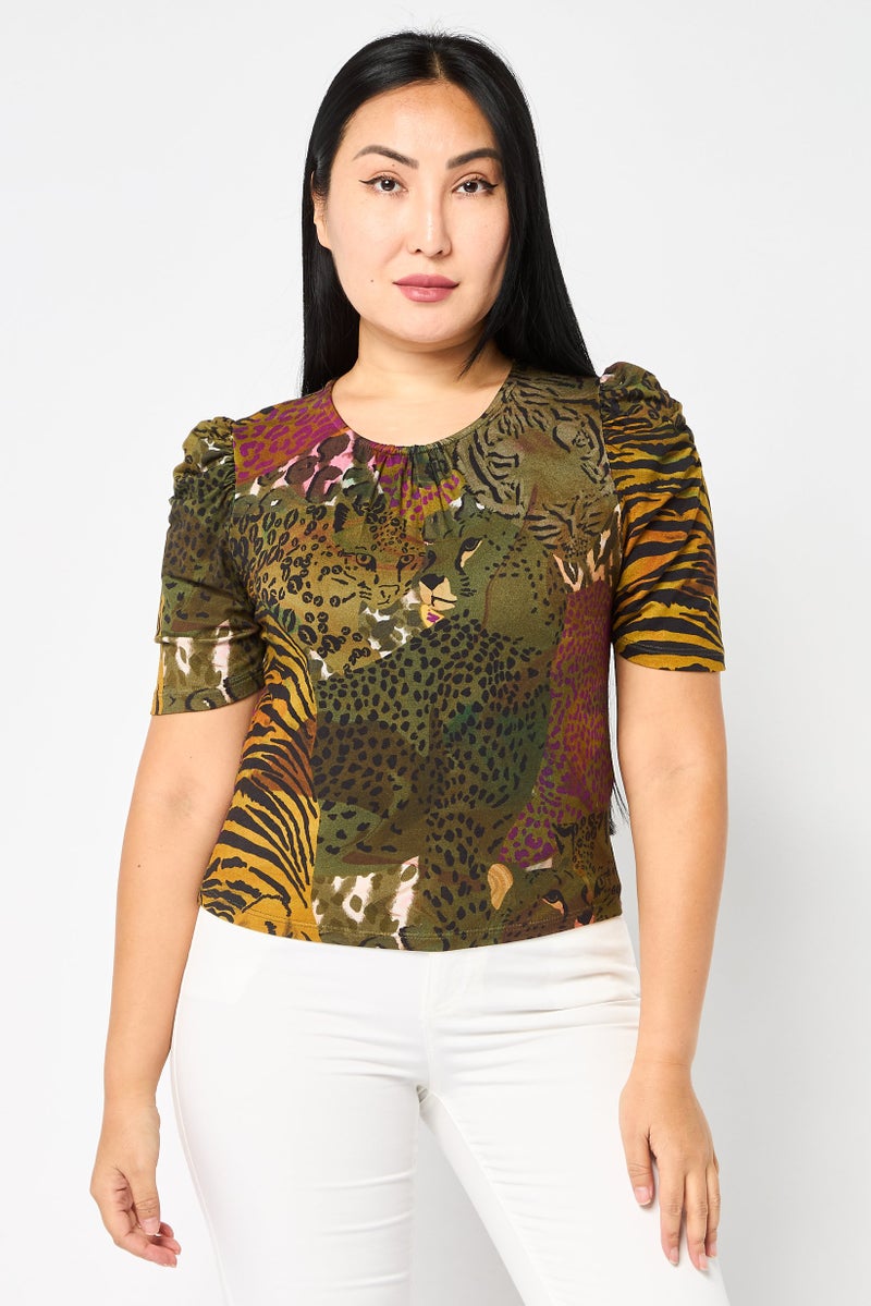 DESIGUAL Women Round Neck Short Sleeve Allover Print Top, Multicolor - Image 1