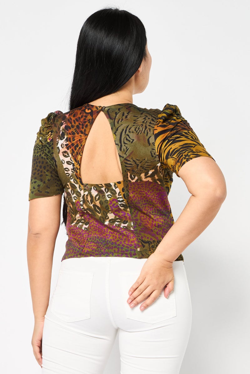 DESIGUAL Women Round Neck Short Sleeve Allover Print Top, Multicolor - Image 4