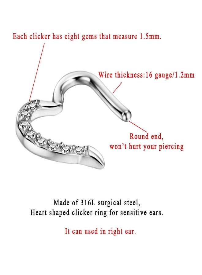 FANSING 16 Gauge Gemmed Daith Earrings Right Ear 8mm Daith Piercing Jewelry Surgical Steel 16g Heart Shaped Hinged Ring Hoop 316L Stainless Steel - Image 3