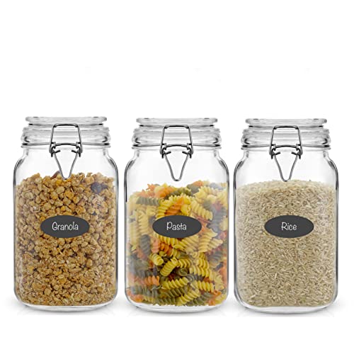 Airtight Glass Jars with Lids Set of 3 50oz Glass Jar with Lid and 6 Silicone Seals Med Glass Food Storage Containers Square Mason Jar Flour Jar Candy or Cookie Jars for Kitchen Counter