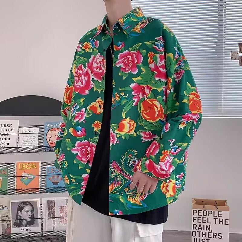 Northeast Big Flower Shirt oversize National Fashion Peony Shirt Mens Fashionable Ins Retro Ethnic Style Coat Spring 2338 green - Image 1