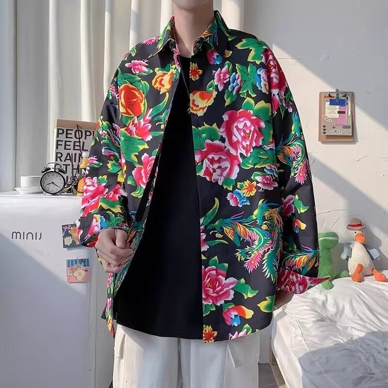 Northeast Big Flower Shirt oversize National Fashion Peony Shirt Mens Fashionable Ins Retro Ethnic Style Coat Spring 2338 green - Image 2