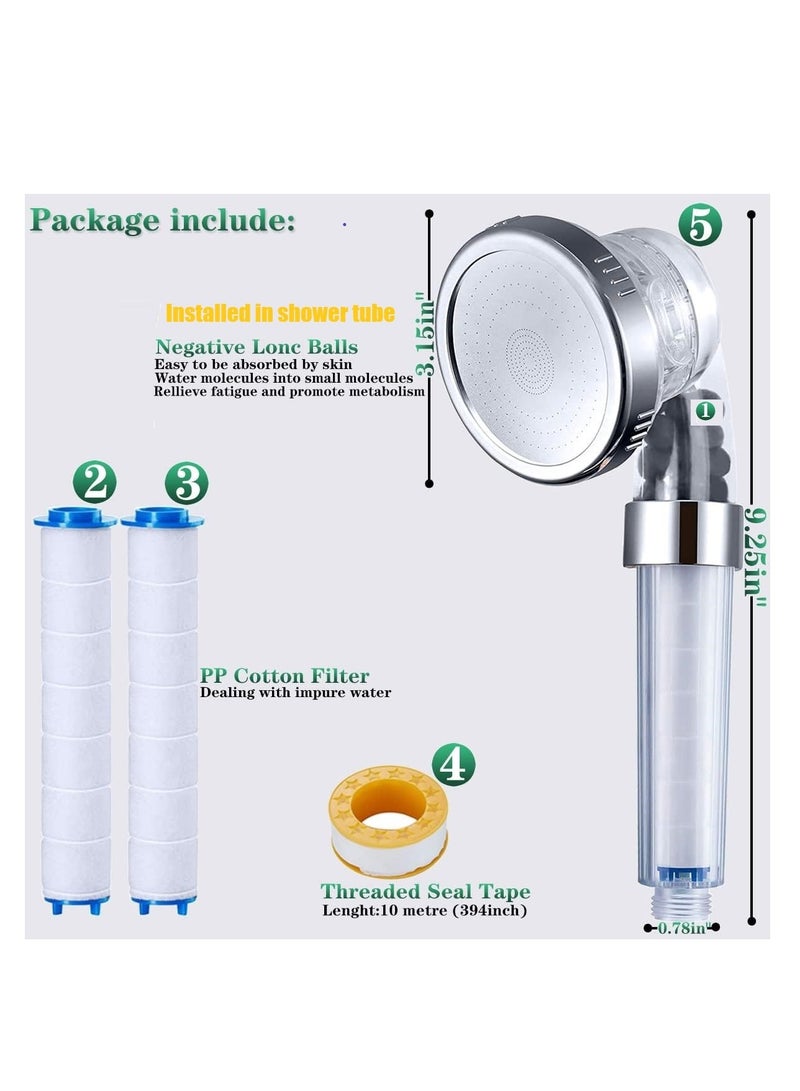 Ionic Shower Head 3 Modes High Pressure Handheld Showerhead Water Saving Filtered Shower Head with PP Cotton Filter and Extra Filter Stones