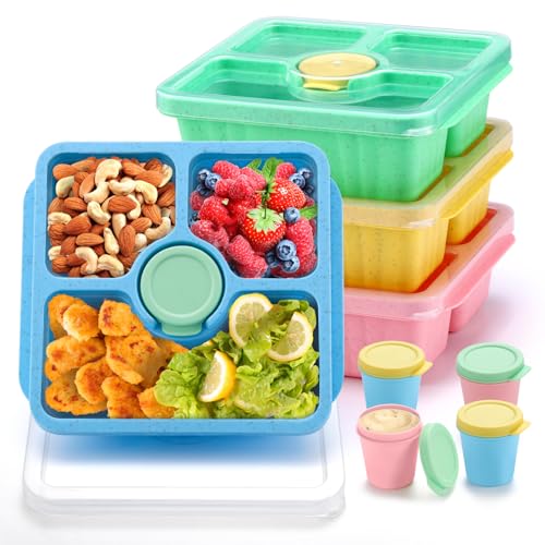 QQKO Bento Snack Box for Adults Kids, Lunchable Meal Prep Container Reusable, 4 Pack Divided Food Storage With Lids, Stackable Lunch Box With Sauce Cups, Pastel - Image 1