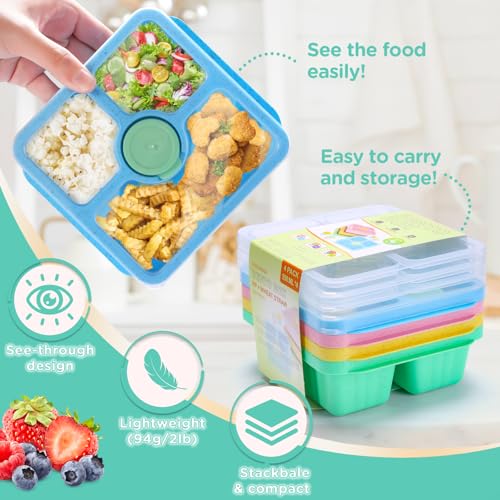 QQKO Bento Snack Box for Adults Kids, Lunchable Meal Prep Container Reusable, 4 Pack Divided Food Storage With Lids, Stackable Lunch Box With Sauce Cups, Pastel - Image 4