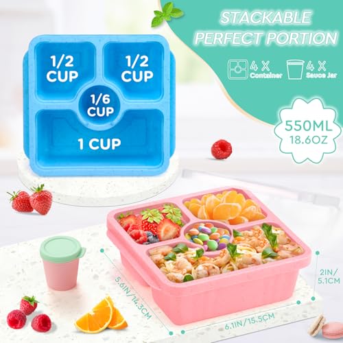 QQKO Bento Snack Box for Adults Kids, Lunchable Meal Prep Container Reusable, 4 Pack Divided Food Storage With Lids, Stackable Lunch Box With Sauce Cups, Pastel - Image 2